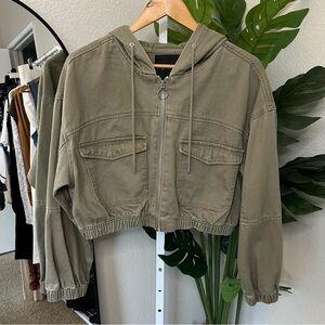 ✨ Fashion Nova Cropped Utility Hoodie Jacket | Olive Green Cotton Zip-Up Sz L